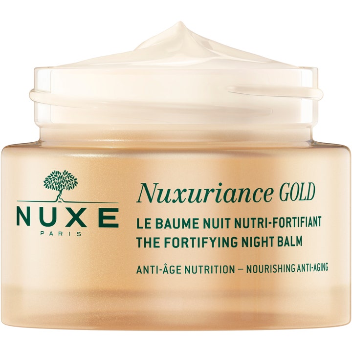 Nuxe Nuxuriance Gold Night Balm 184 g närande anti-age balm i öppen guldglasburk som visar fyllig nattkräm.