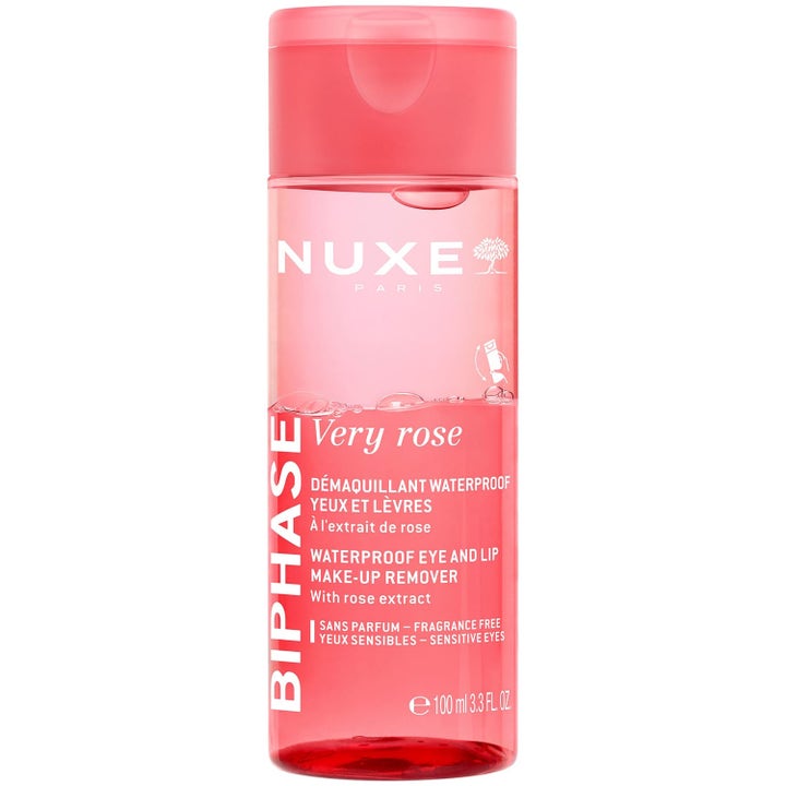 Nuxe Very Rose Biphase 100 ml ögonmakeup-remover som tar bort vattenfast smink i rosa genomskinlig flaska