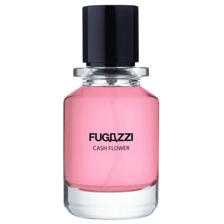 Fugazzi Cash Flower 50 ml nischparfym ros i en genomskinlig glasflaska med rosa vätska och svart lock