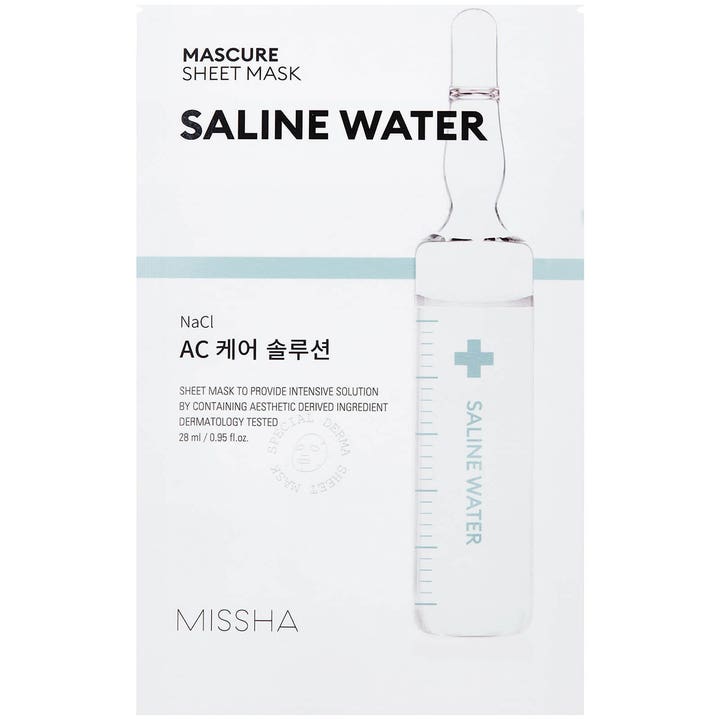 Missha Mascure Sheet Mask Saline Water 28 ml ac care sheetmask i vit förpackning med bild av en klar glasampull