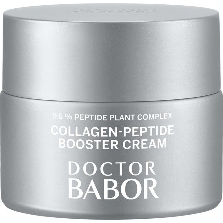 Doctor Babor Collagen-Peptide Booster Cream ansiktskräm som ger spänst i en matt silverfärgad burk med vit text