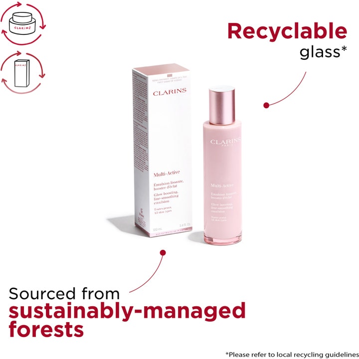 Clarins Multi-Active 100 ml linjeutjämnande clarins glow emulsion i rosa glasflaska och hållbar förpackning.