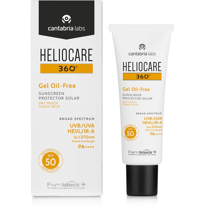 Heliocare 360° Gel Oil-Free 50 ml kladdfri solkräm för fet hy i vit tub och förpackning med SPF 50 skydd.