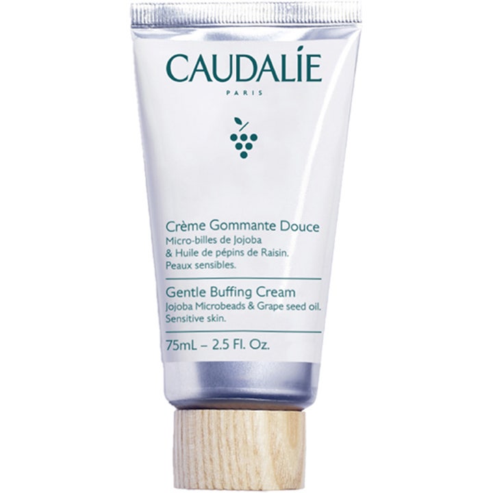 Caudalie Gentle Buffing Cream 75ml mild ansiktsexfoliering i vit plasttub med gröna detaljer och runt lock i ljust trä.