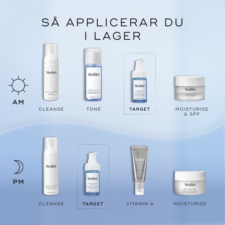 Medik8 Niacinamide Peptides 30 ml toner i en infografik som visar ordningen för lager på lager hudvårdsrutin