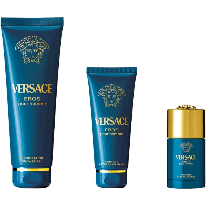 Versace Eros after shave lotion 100 ml i ett set med duschgel och deostick i blå tuber med guldlogotyp.