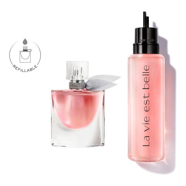 Lancôme La Vie Est Belle eau de parfum refill för dam med rosa vätska i glasflaska och smart påfyllning