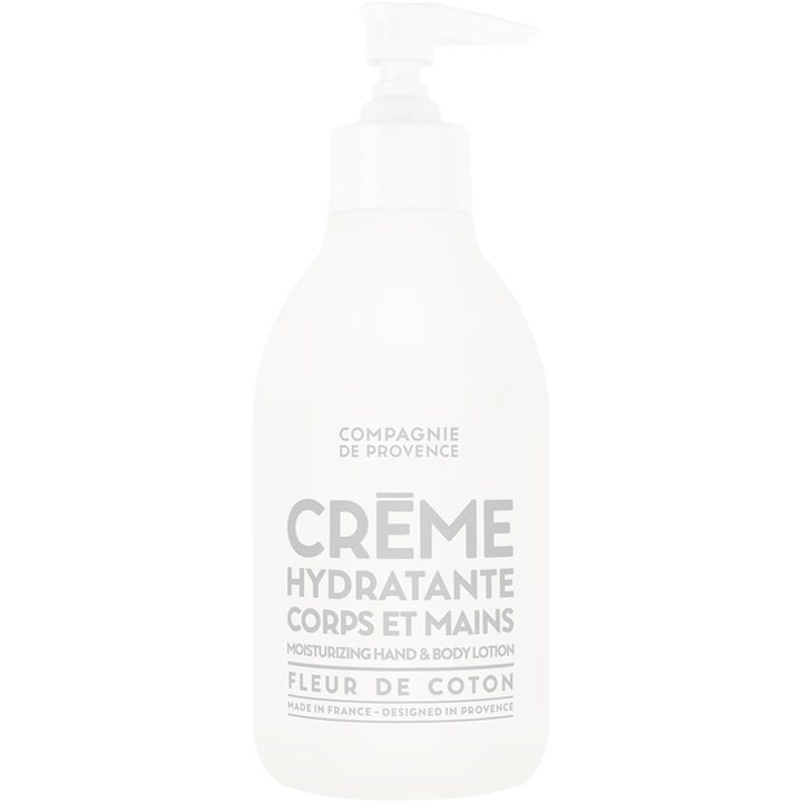 Compagnie de Provence Crème Hydratante Fleur de Coton mjukgörande kroppslotion i en vit pumpflaska med grå text