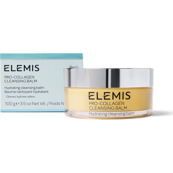 Elemis Pro-Collagen Cleansing Balm 100 g ansiktsrengöring balm kollagen i klar burk med silverlock bredvid ljusblå box