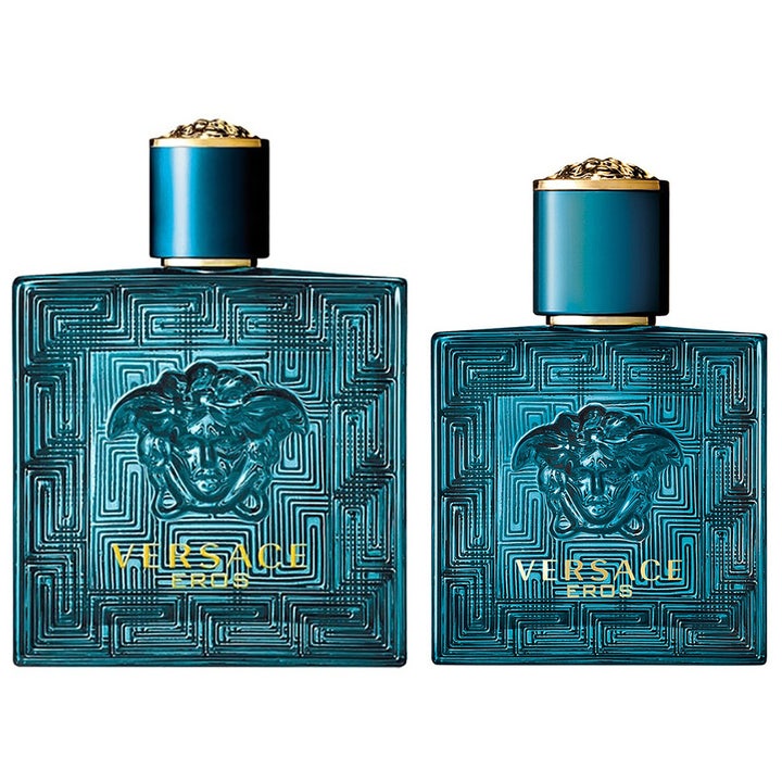 Versace Eros paket 150ml med parfym och after shave i turkosblå flaskor med Medusa-logga och guldiga lock