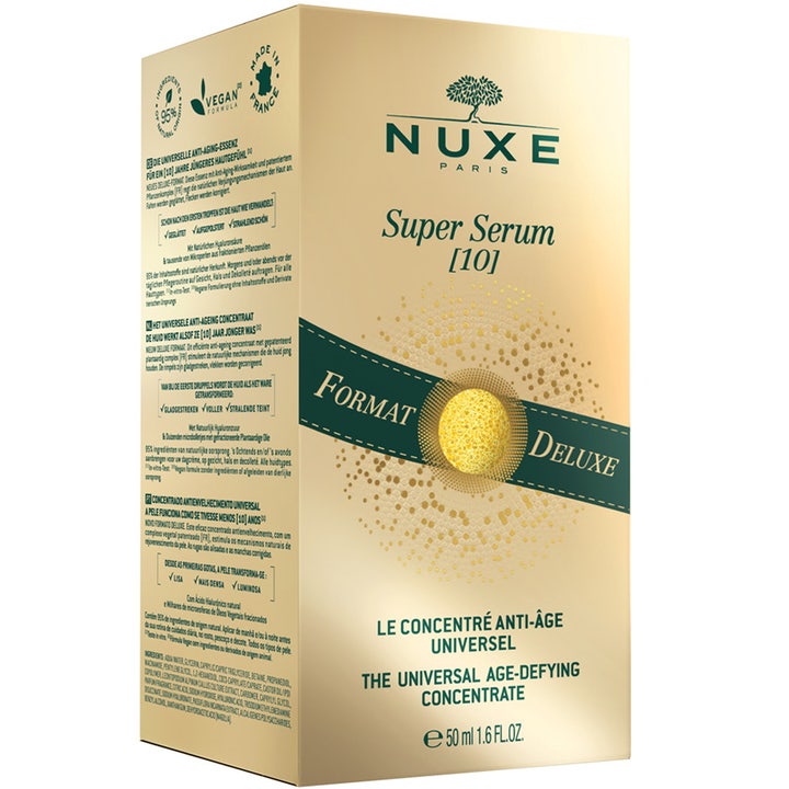 Nuxe Super Serum 50 ml anti-åldring hyaluronsyra hudvård i vit och guldfärgad ytterförpackning Format Deluxe