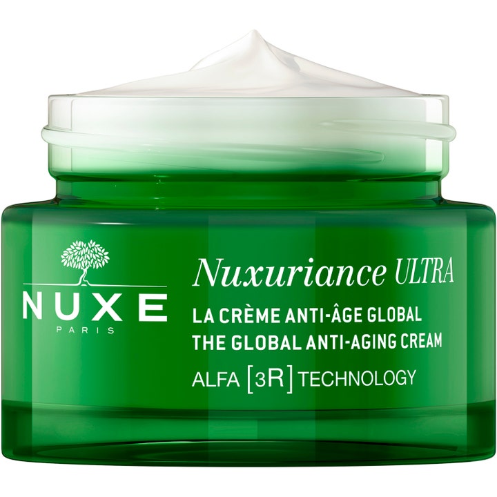 Nuxe Nuxuriance Ultra Global Anti Aging Cream 50 ml föryngrande kräm anti aging i öppen grön glasburk med vit textur