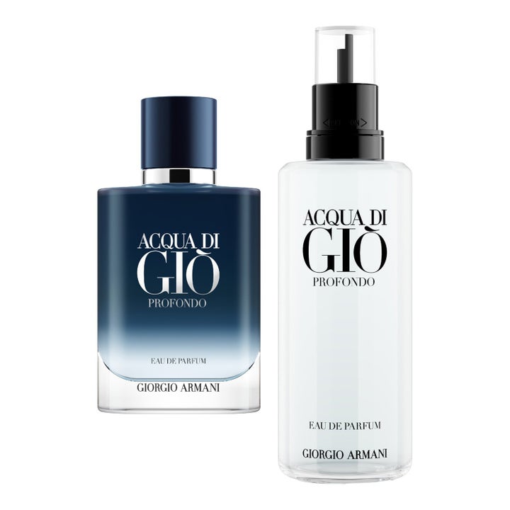 Armani Acqua Di Giò Profondo 200 ml herrparfym med mörkblå glasflaska och genomskinlig refillflaska med svart pump