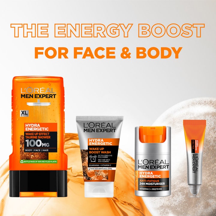 L'Oréal Paris Men Expert Hydra Energetic set för mänhudvård med orange produkter som hjälper att motverka trötthet.