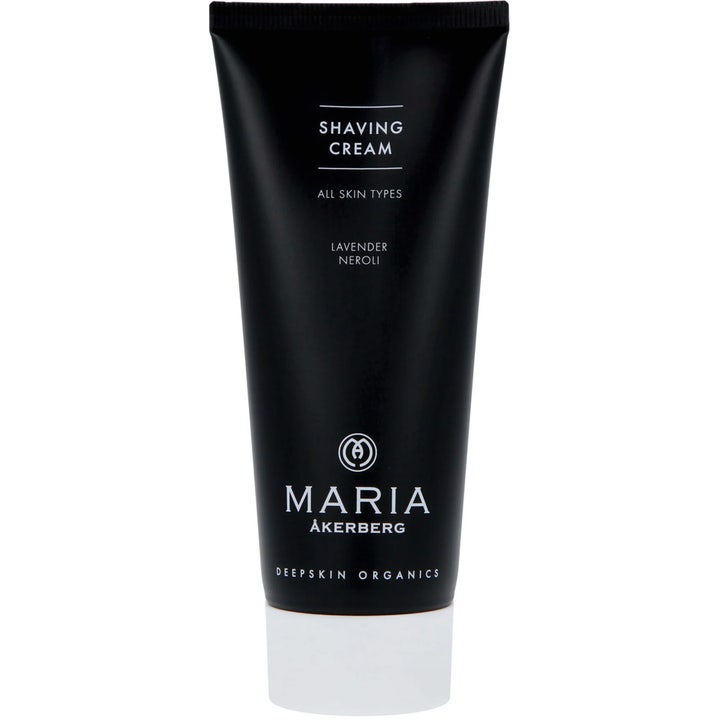 Maria Åkerberg Shaving Cream 100 ml mjukgörande cruelty free rakkräm med lavendel i svart tub med vitt lock.