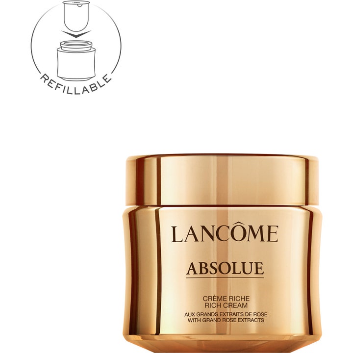Lancôme Absolue Crème Riche 60 ml närande ansiktskräm i en guldglänsande burk med symbol för påfyllningsbar design