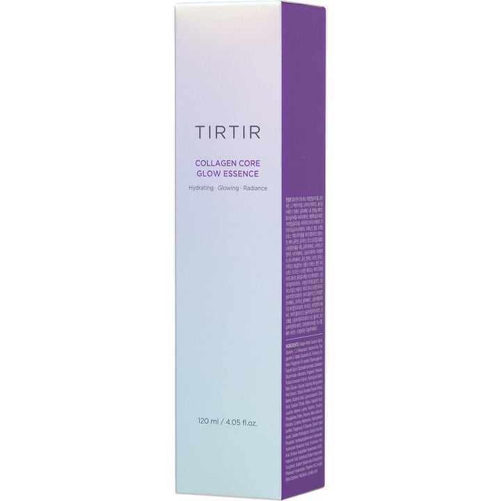 TIRTIR Collagen Core Glow Essence 120 ml för hudglöd i en vit och lila ytterförpackning med kollagen och hyaluronsyra.