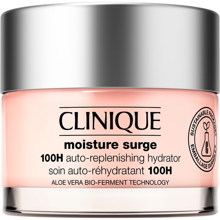 Clinique Moisture Surge 100H clinique hydrator gelkräm ger intensiv fukt i en glasburk med silverlock och ljusrosa gel.