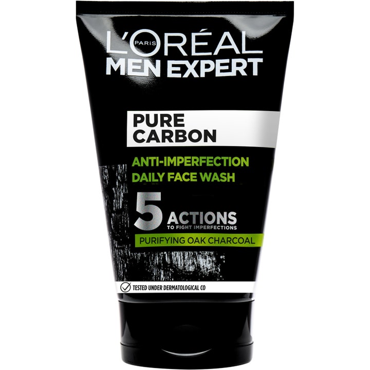 L'Oréal Men Expert Pure Carbon 100ml charcoal rengöring motverkar orenheter i en svart plasttub med vit och grön text