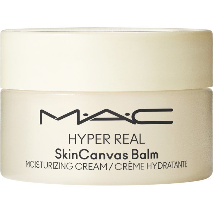 MAC Hyper Real SkinCanvas Balm återfuktande ansiktskräm i en frostad beige glasburk med matchande lock