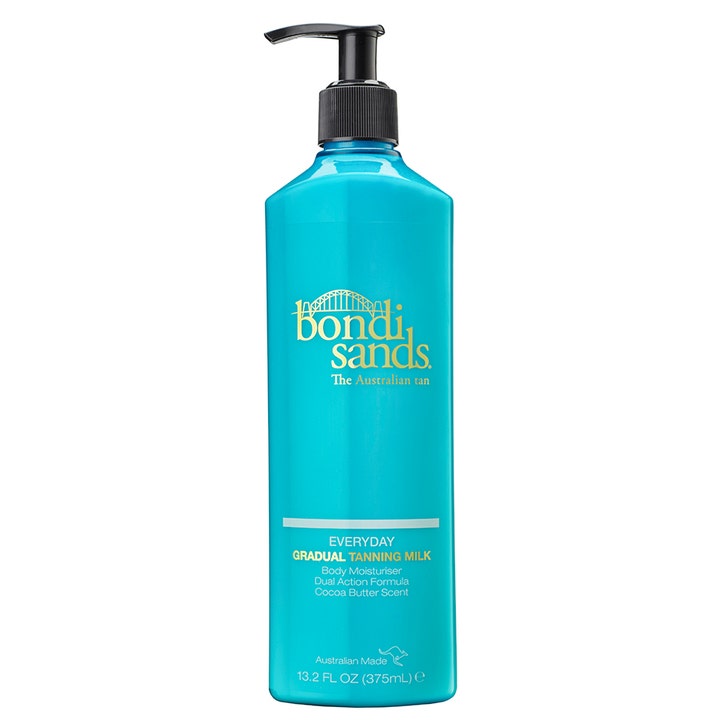 Bondi Sands Everyday Gradual Tanning Milk 375 ml återfuktande brun utan sol i turkos plastflaska med svart pump.