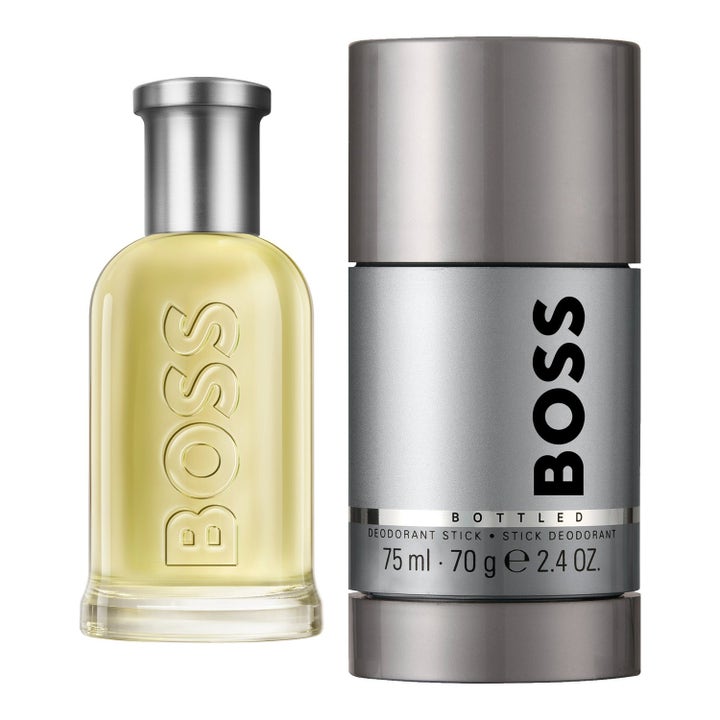 Hugo Boss Boss Bottled duo set 50ml och 75ml ger en fräsch parfym med gul vätska i glasflaska och grått deostick