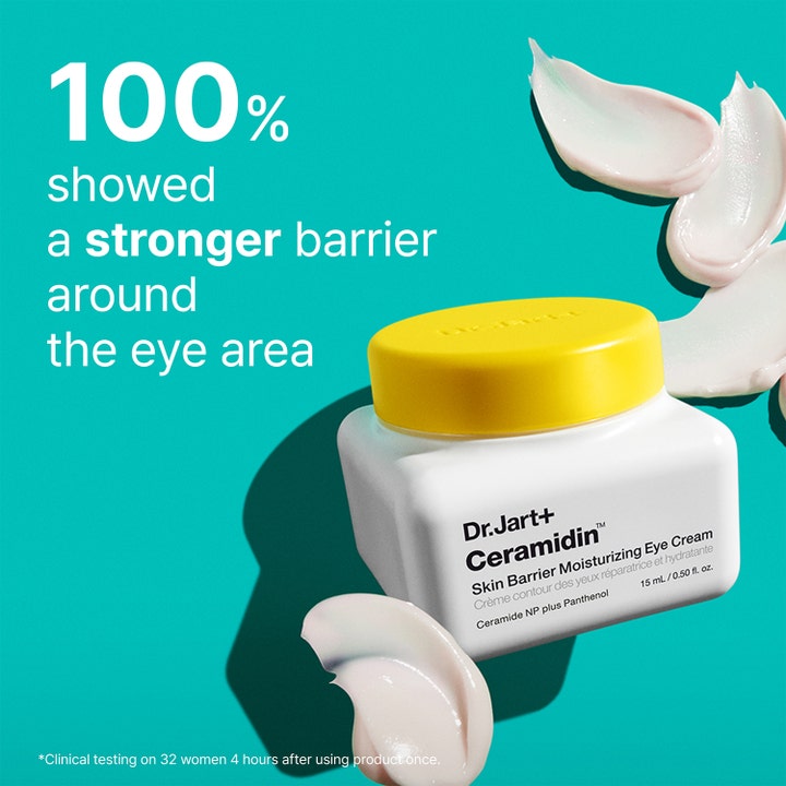 Dr.Jart+ Ceramidin Skin Barrier Moisturizing Eye Cream 15 ml ögonkräm i vit burk med gult lock och mjuka krämklickar