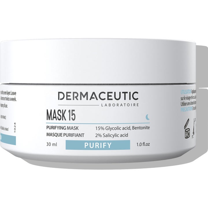 Dermaceutic Mask 15 30 ml djuprengörande ansiktsmask med glykolsyra i en vit stilren burk med blå detaljer