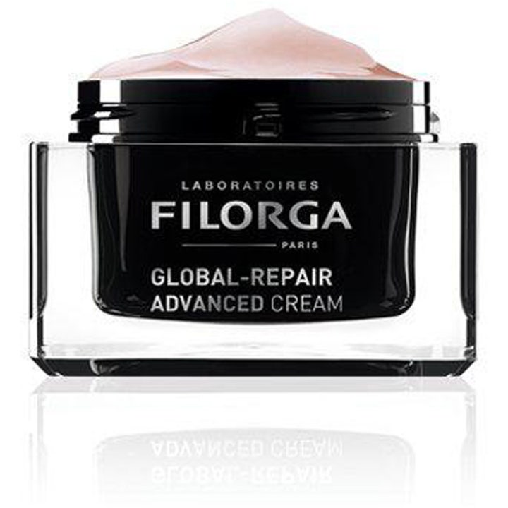 Filorga Global-Repair Advanced Cream 50 ml anti aging ansiktskräm i svart glasburk med krämig rosa textur.