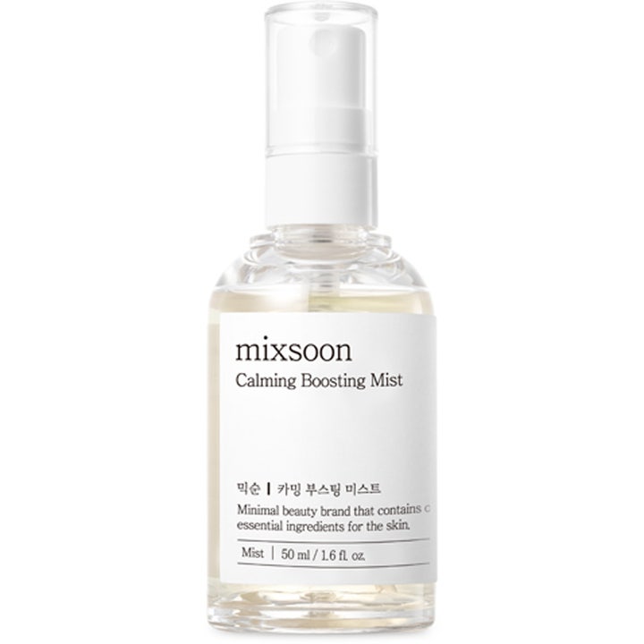 Mixsoon Calming Boosting Mist 50 ml koreansk lugnande ansiktsspray för känslig hud i genomskinlig flaska med vit pump.