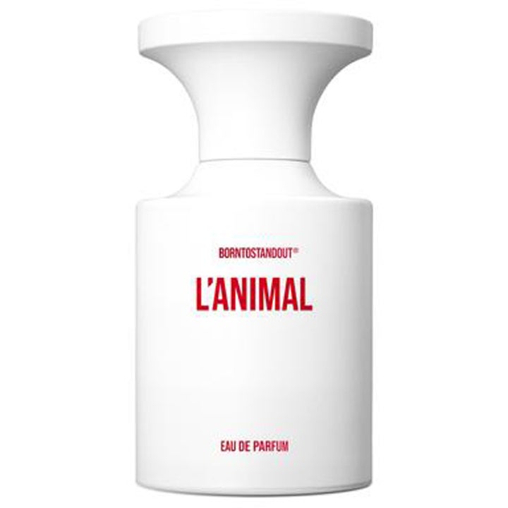 BornToStandOut L'aminal Eau de Parfum 50ml parfym i vit flaska med röd text och utställd vit kork