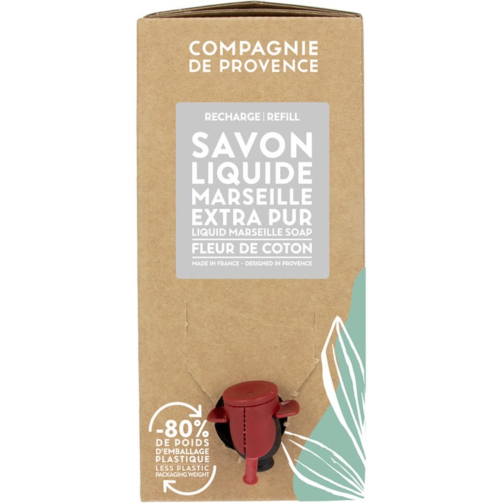Compagnie de Provence Marseille flytande tvål refill bomullsblomma i brun pappbox med praktisk röd tappkran.