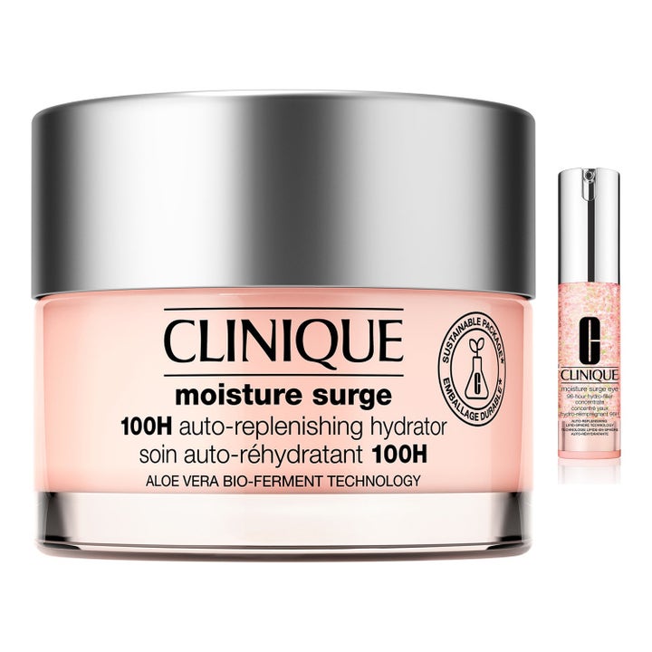 Clinique Moisture Surge 100H ansiktskräm i glasburk och ögonkoncentrat som ger huden intensiv återfuktning.