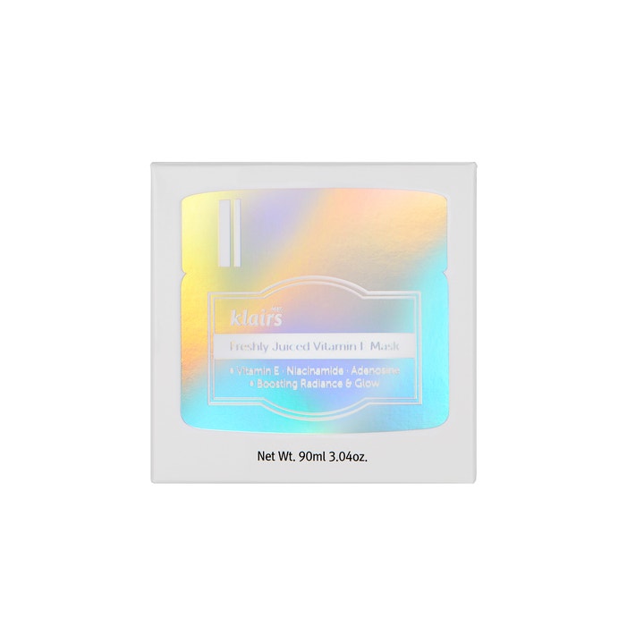 Klairs Freshly Juiced Vitamin E Mask 90 ml lystergivande niacinamide mask i vit box med holografiskt tryck
