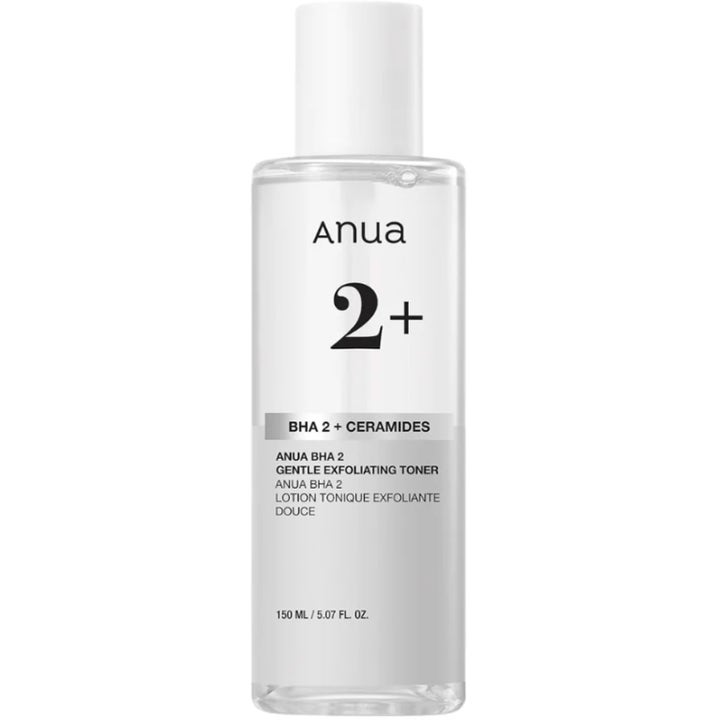 Anua BHA 2 + Ceramides Gentle Exfoliating Toner 150 ml exfolierande ansiktsvatten i genomskinlig flaska med vitt lock
