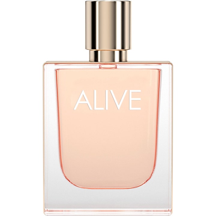 Hugo Boss Boss Alive 50ml Eau de Parfum i en fyrkantig glasflaska med persikofärgad vätska och guldfärgat lock