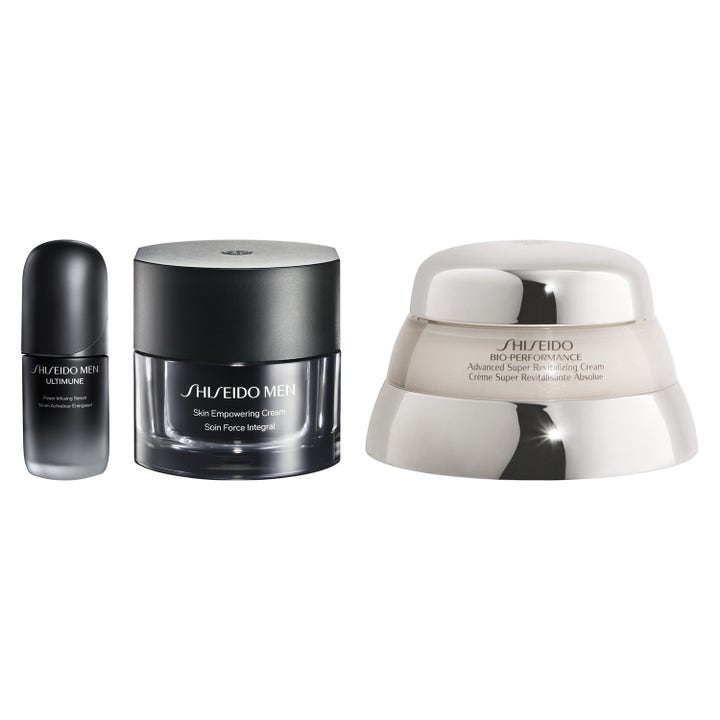 Shiseido Supreme Ultimat Anti-Age System 150 ml shiseido men hudvårdsset med svart flaska och burkar i svart och silver