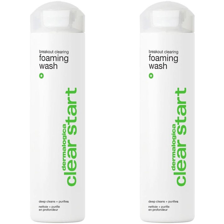 Dermalogica Clear Start Breakout Clearing Foaming Wash djuprengörande ansiktsrengöring i två vita flaskor med grön text
