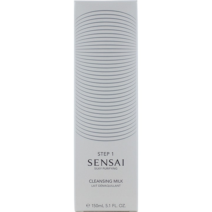Sensai Silky Purifying Cleansing Milk 150 ml rengöringsmjölk i vit ytterförpackning med grått linjemönster.