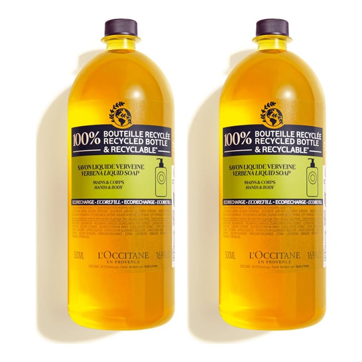L'Occitane Verbena flytande tvål duo 2x500ml refill rengörande handtvål i två genomskinliga flaskor med gul vätska
