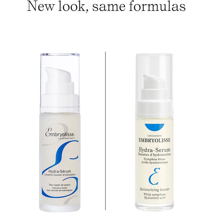 Embryolisse Hydra Serum 30 ml återfuktande serum i pumpflaska med jämförelse av gammal och ny design.