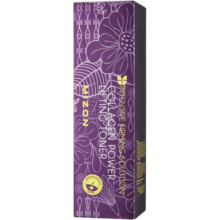 Mizon Collagen Power Lifting Toner 120 ml uppstramande ansiktsvatten i lila ytterkartong med vita blommönster.