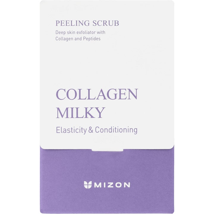 Mizon Collagen Milky Peeling Scrub 5 g ansiktsskrubb som ger elasticitet i en vit och lila sachet.