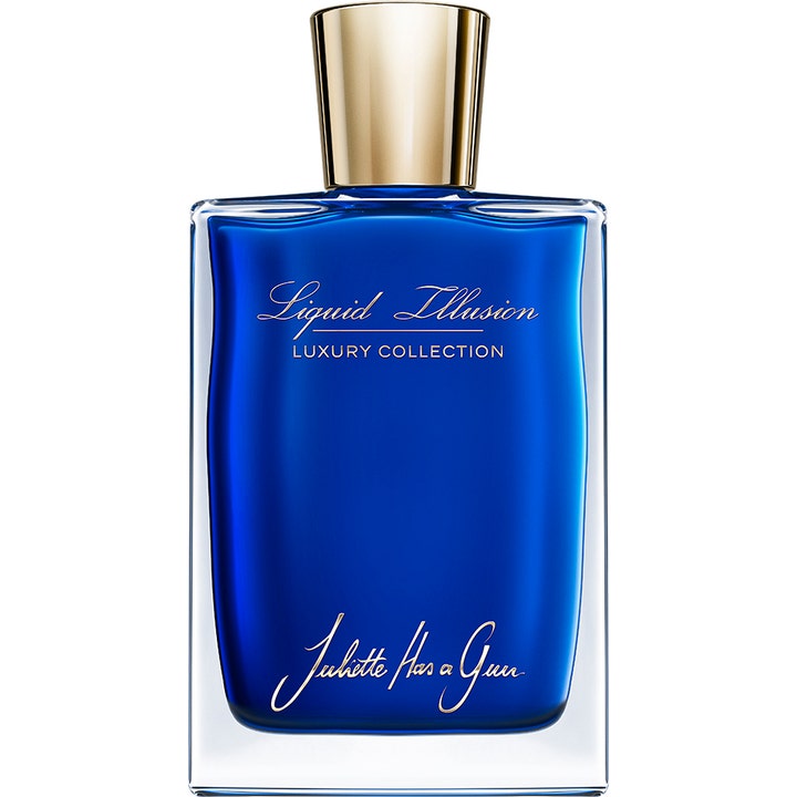 Juliette has a gun Liquid Illusion 75ml eau de parfum i en djupblå rektangulär glasflaska med lock i guld