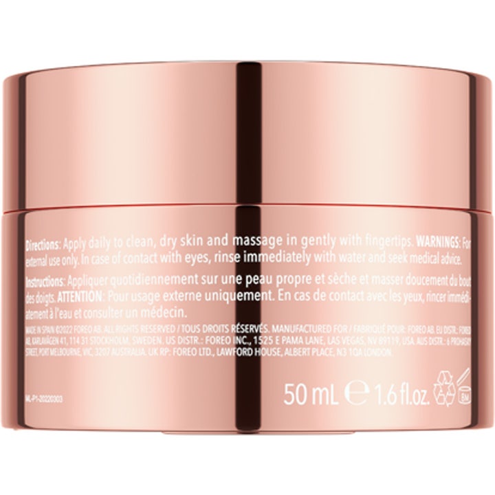 FOREO SUPERCHARGED HA + PGA Intense Moisturizer 50 ml fuktboostande ansiktskräm i roséguldfärgad burk med baksidestext