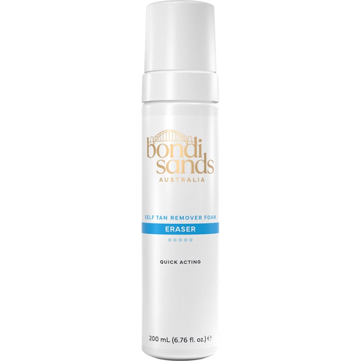 Bondi Sands Self Tan Eraser 200ml för selftan borttagning i vit pumpflaska med guldlogga och blå detaljer.