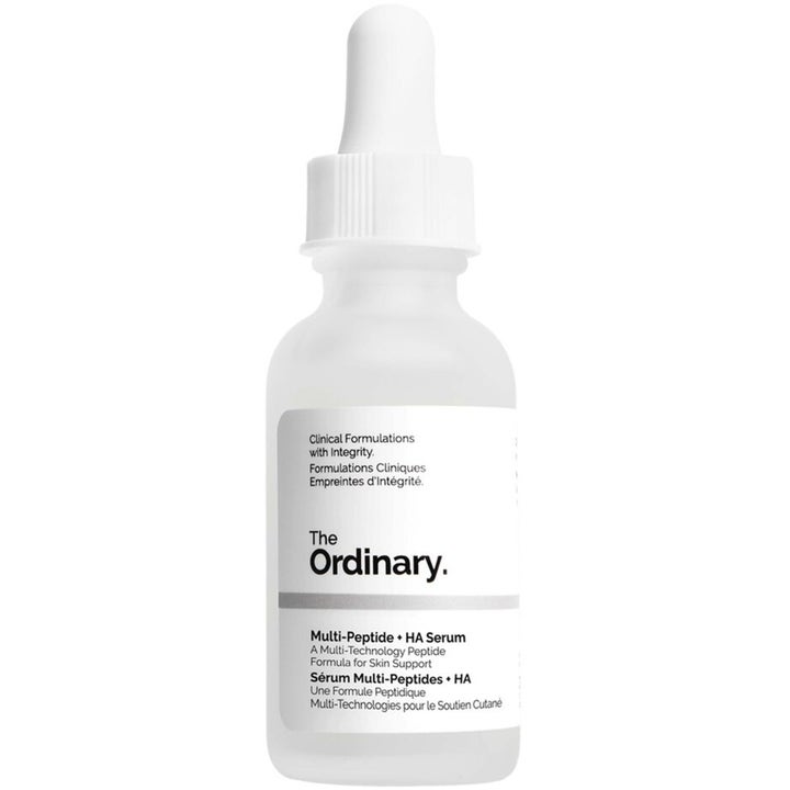 The Ordinary Multi-Peptide + HA Serum 30ml anti aging peptidserum i frostad glasflaska med vit pipett för fuktad hud