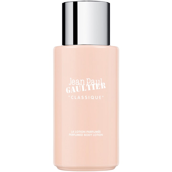 Jean Paul Gaultier Classique 200 ml parfymerad body lotion i ljusrosa flaska med elegant silverkork