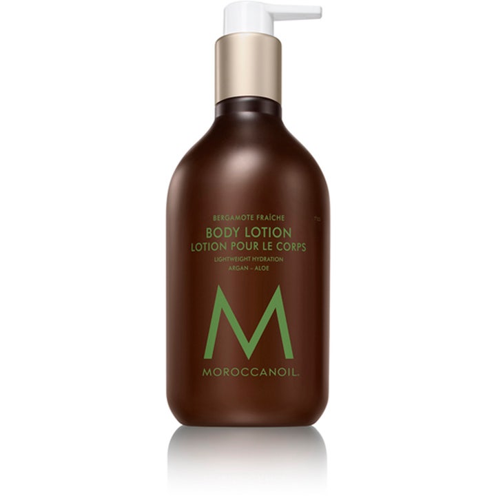 Moroccanoil Bergamote Fraîche Body Lotion återfuktande argan kroppslotion i brun pumpflaska med grön text.