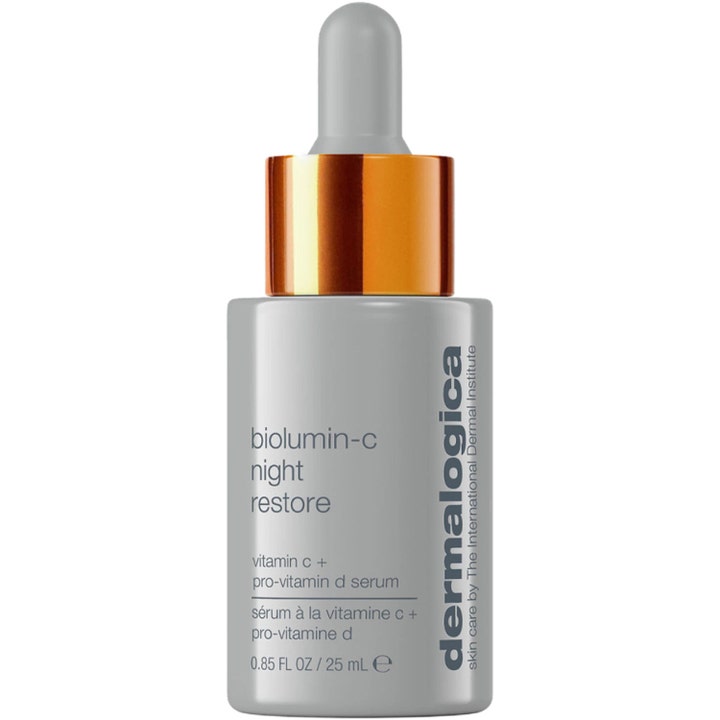 Dermalogica Biolumin-C Night Restore 25 ml serum med vitamin C och pro-vitamin D i en grå flaska med kopparfärgad krage